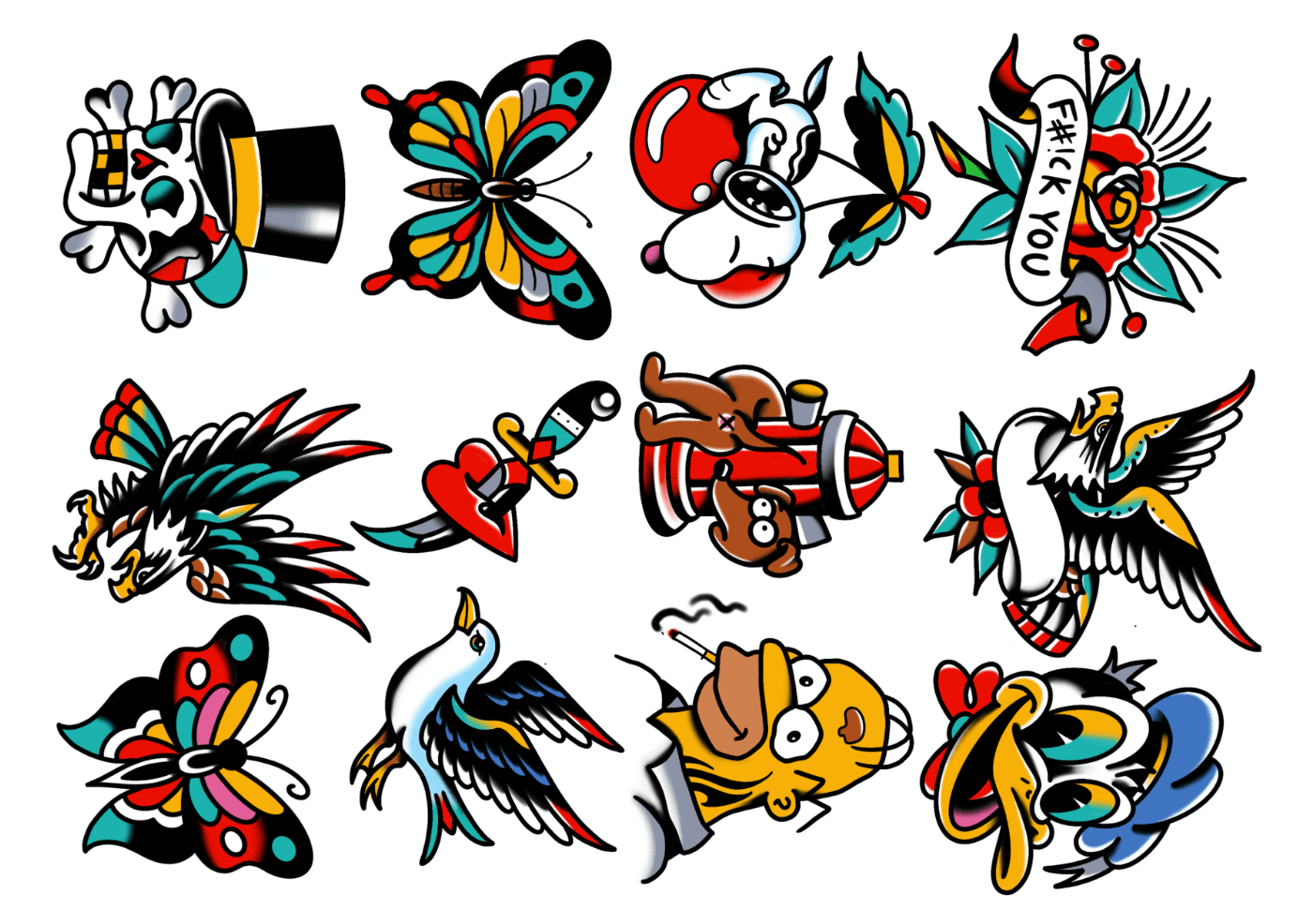 En samling fargerike tatoveringsmotiver i tradisjonell stil, inkludert hodeskaller, sommerfugler, fugler, en dolk, en brannhydrant, blomster og tegneserieaktige ansikter, alle med kraftige konturer og livlige farger.