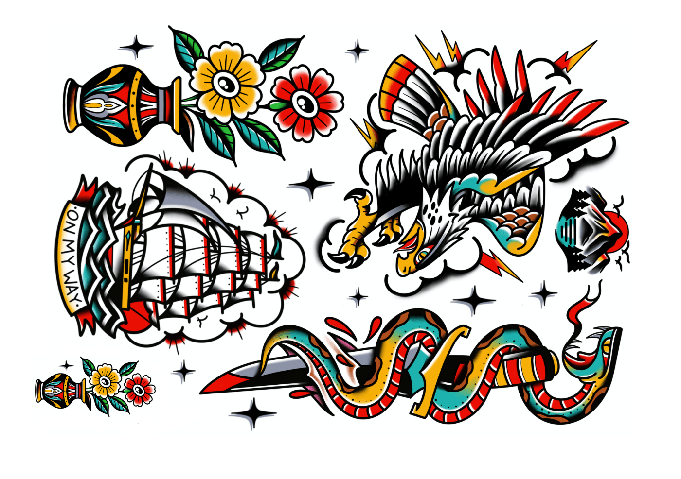 Eine Sammlung von Tattoo-Motiven im traditionellen Stil, darunter eine Vase mit Blumen, ein brüllender Adlerkopf, ein Segelschiff, ein Dolch mit einer gewundenen Schlange und mehrere kleine Sterne und Glitzersteine.