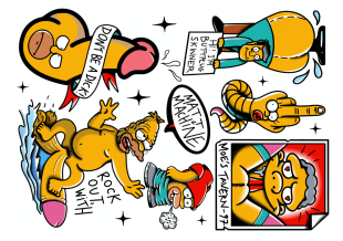 Fargerike tegneserietegninger inspirert av The Simpsons, med humoristiske og obskøne parodier av figurer og scener, med fete konturer, tekstbobler og overdrevne uttrykk.