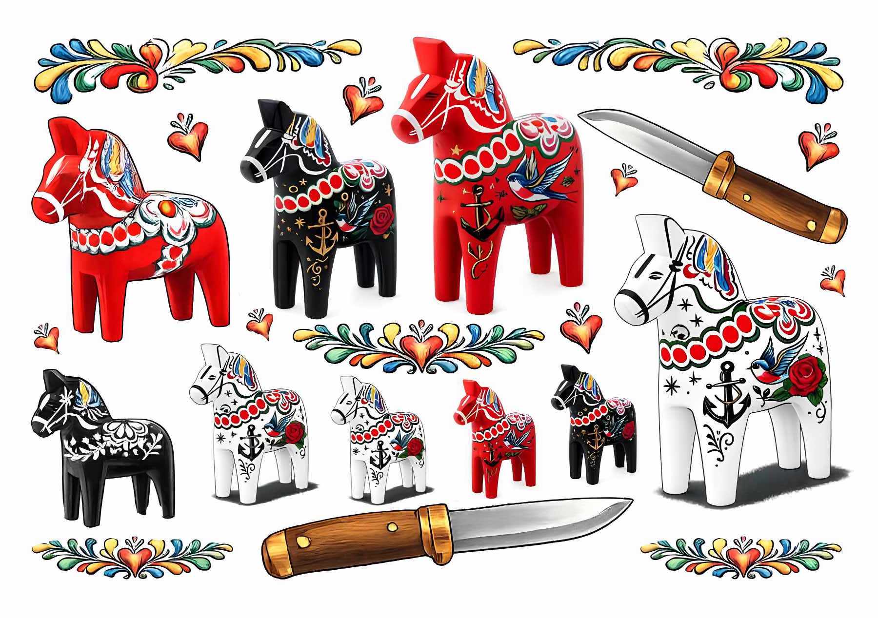 Colorful illustration of traditional Swedish Dala horses in red, black, and white with floral and anchor designs, surrounded by decorative patterns, hearts, and two wooden-handled knives.