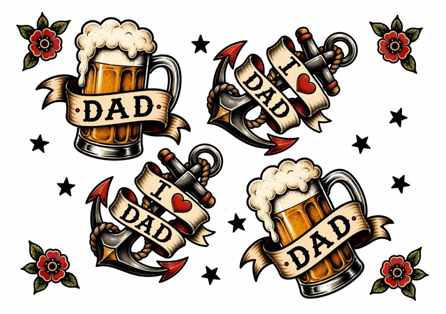 Tattoo-style illustrations of beer mugs and anchors wrapped in banners reading Dad and I ❤️ Dad, surrounded by red flowers and black stars on a white background.