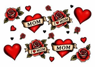 Illustration av röda hjärtan, rosor och hjärtformade mönster med I ♥ MOM- eller MOM-banderoller i vintage tatueringsstil mot en vit bakgrund.