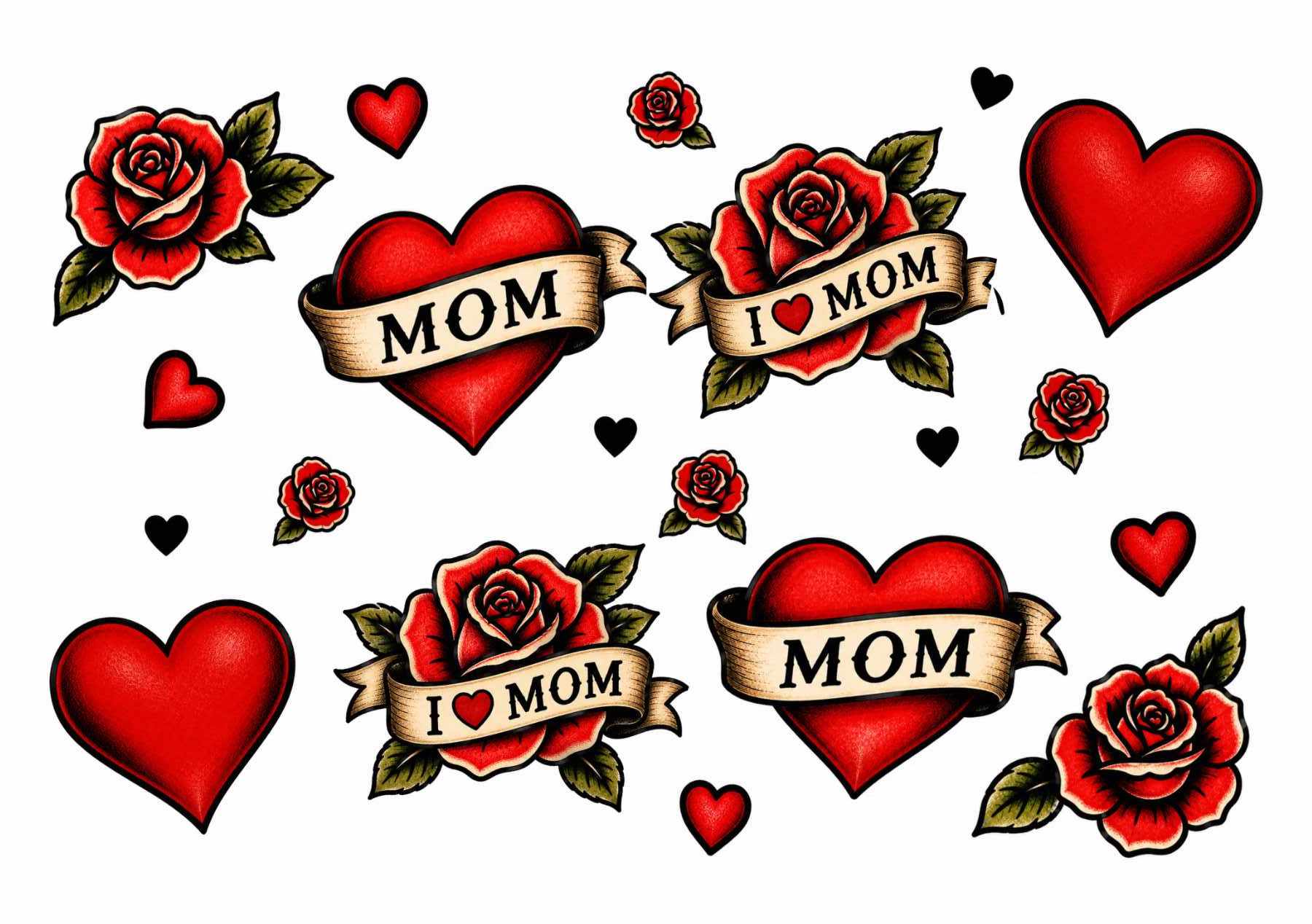 Tattoo-style illustrations of red hearts and roses. Some hearts have banners reading “MOM” or “I ♥ MOM” across them. The design has a classic, vintage look on a white background.