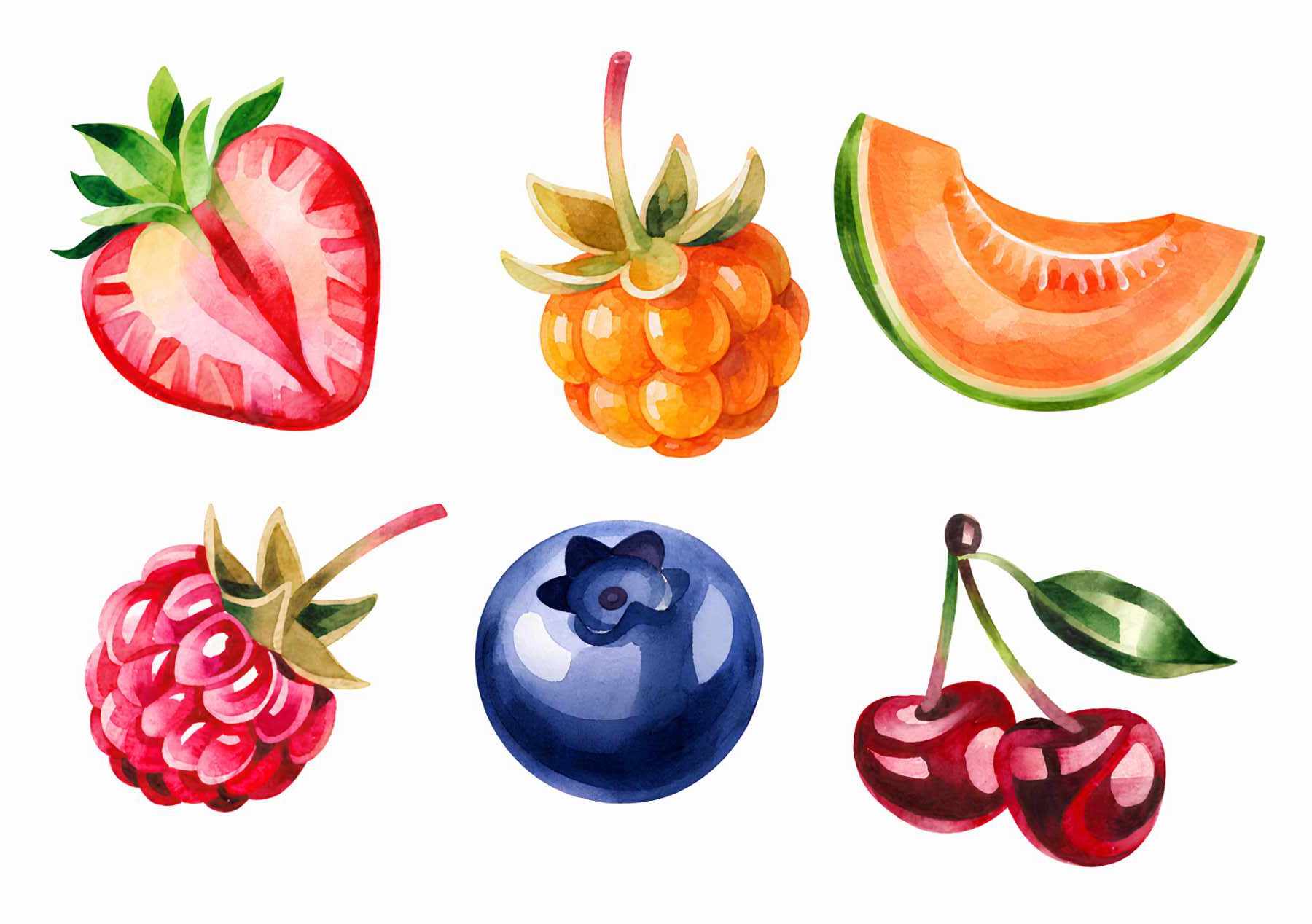 Watercolor illustrations of a strawberry, yellow raspberry, cantaloupe slice, raspberry, blueberry, and two cherries with leaves, all on a white background.