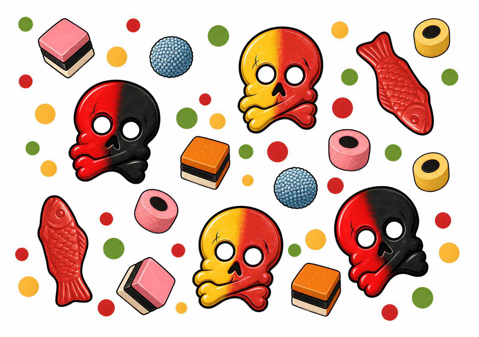 Colorful illustration featuring red and yellow skull candies, assorted licorice candies, round blue and yellow sweets, gummy fish, and scattered red, yellow, and green candy dots on a white background.