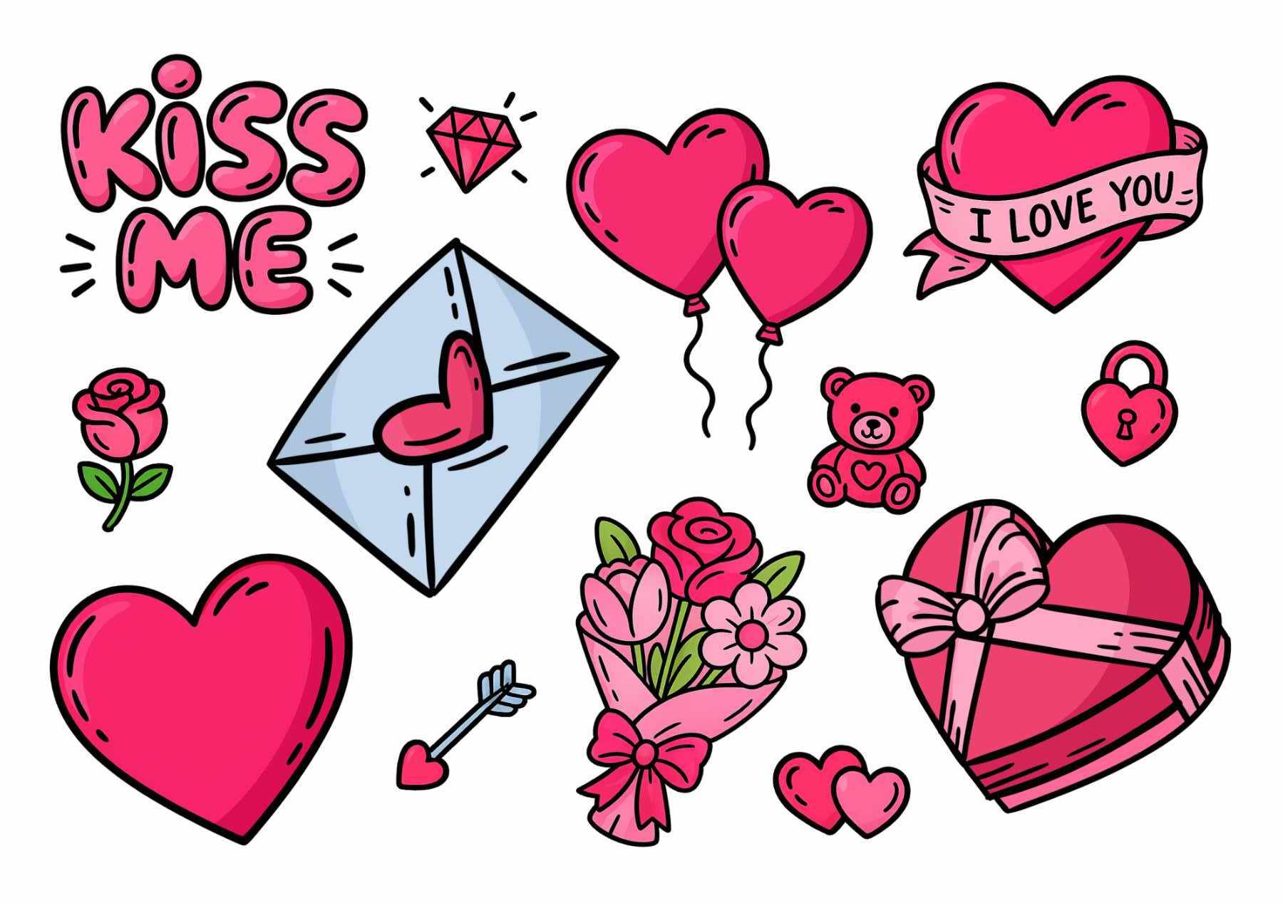 Colorful illustration of romantic symbols, including hearts, balloons, a love letter, rose, bouquet, teddy bear, diamond, heart-shaped lock, and “KISS ME” and “I LOVE YOU” text on a white background.