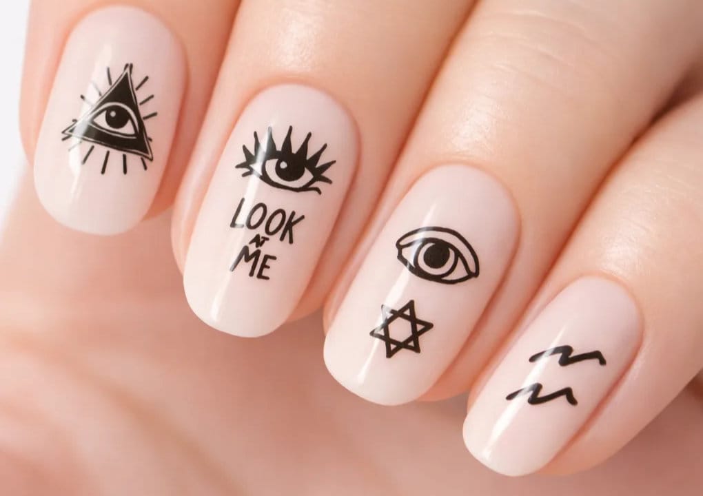 Nahaufnahme einer Hand mit hellrosafarbenem Nagellack, jeder Nagel verziert mit verschiedenen schwarzen Strichmustern, darunter ein alles sehendes Auge, der Text LOOK AT ME, ein Stern und Wellenlinien.