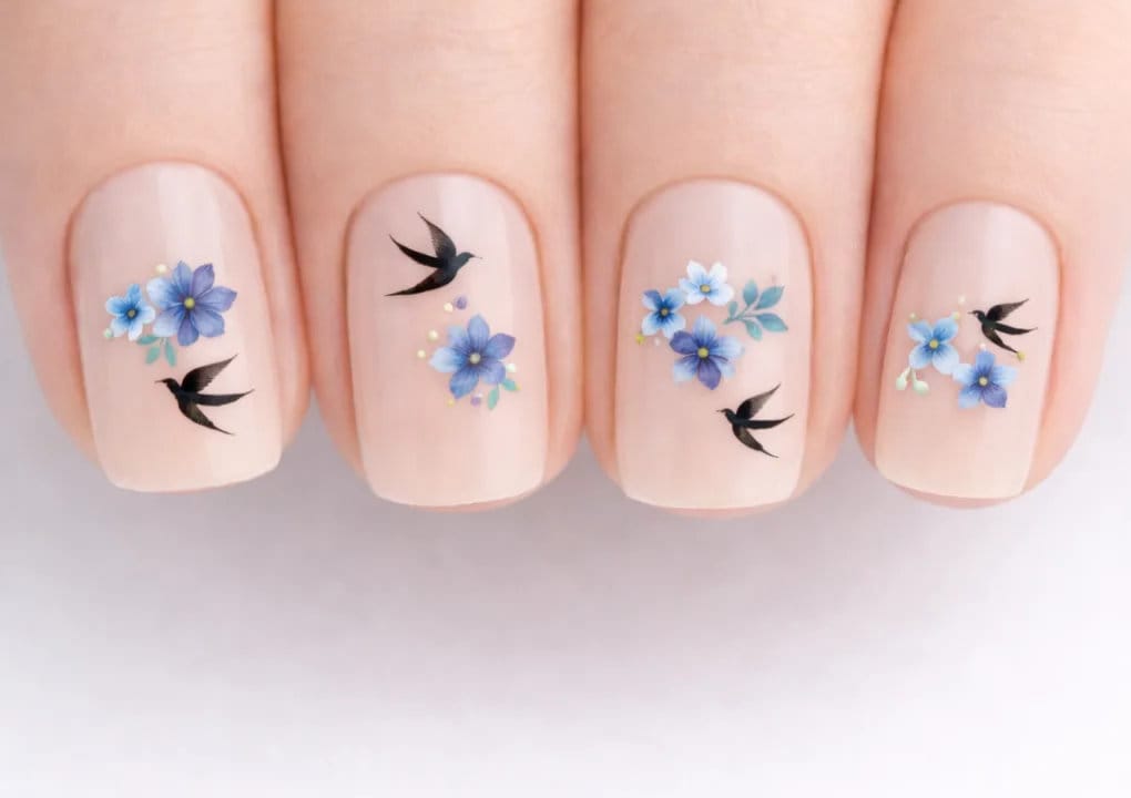 Primer plano de unas uñas con esmalte nude, decoradas con delicados dibujos de flores azules y moradas y pequeños motivos de golondrinas negras en cada uña.