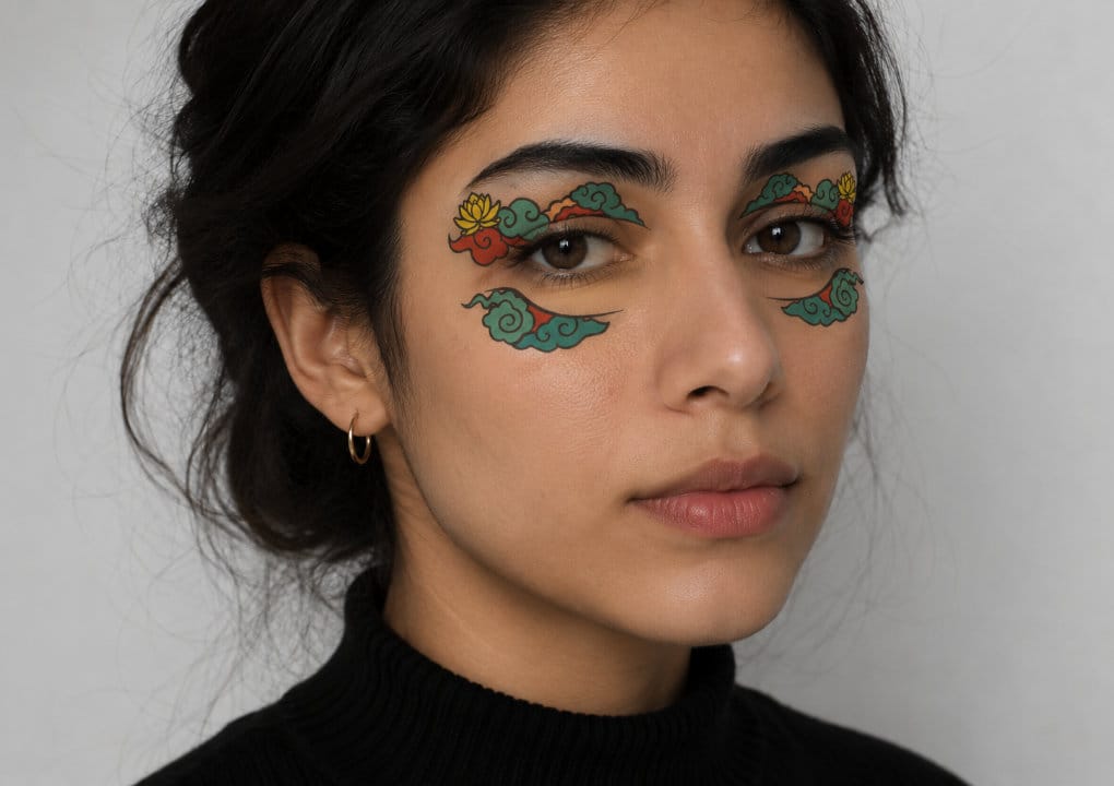 En kvinne med mørkt hår og svart rullekrage ser inn i kameraet. Rundt øynene hennes er det malt fargerike kunstneriske mønstre som ligner skyer og blomster. Bakgrunnen er ensfarget og lys.