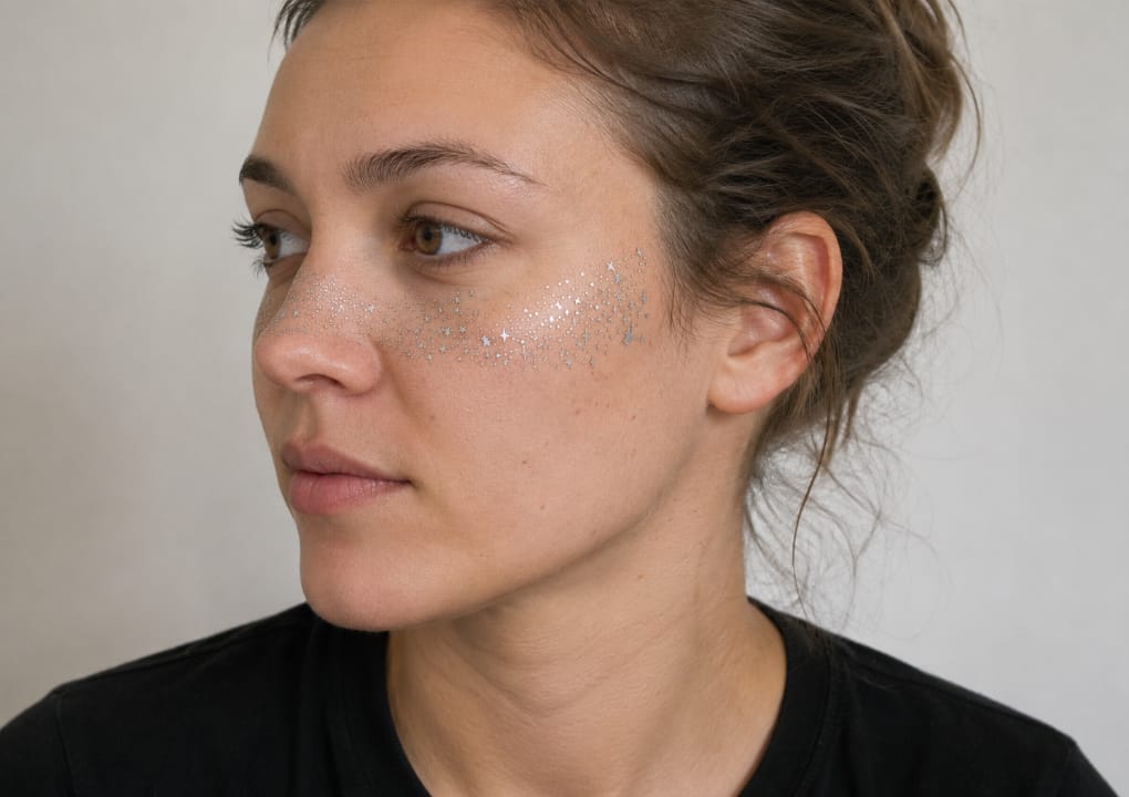 Een vrouw met een lichte huid en bruin haar in een losse knot kijkt opzij. Ze draagt een zwart shirt en heeft zilveren glitters op haar wangen en neus, die afsteken tegen een effen lichte achtergrond.