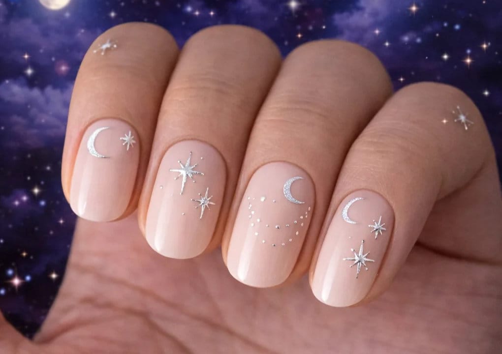 A hand with short nude-colored nails features silver moon and star designs, set against a night sky background with clouds and stars.