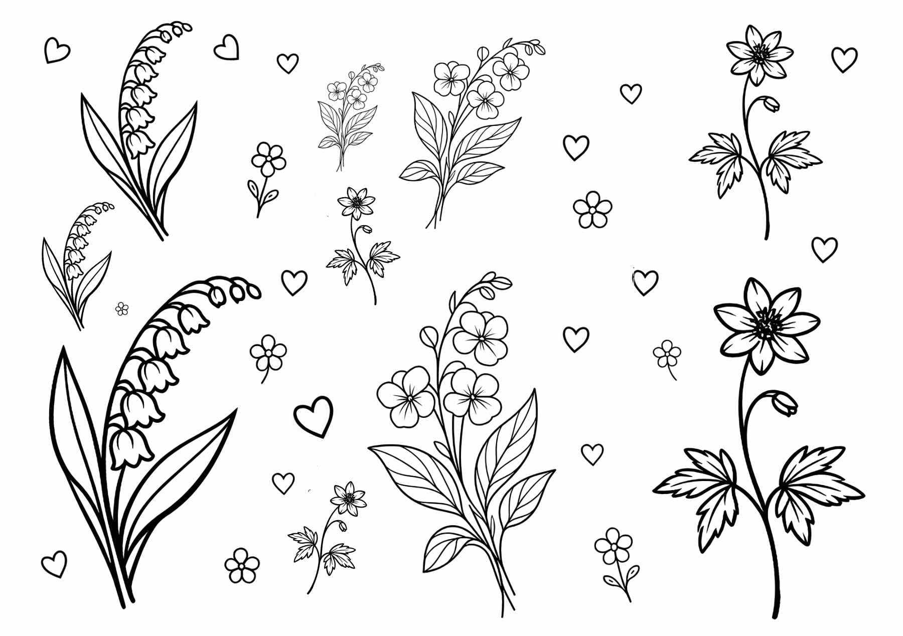 Black and white line drawings of various flowers, leaves, and small hearts scattered across a white background, creating a decorative and floral pattern.