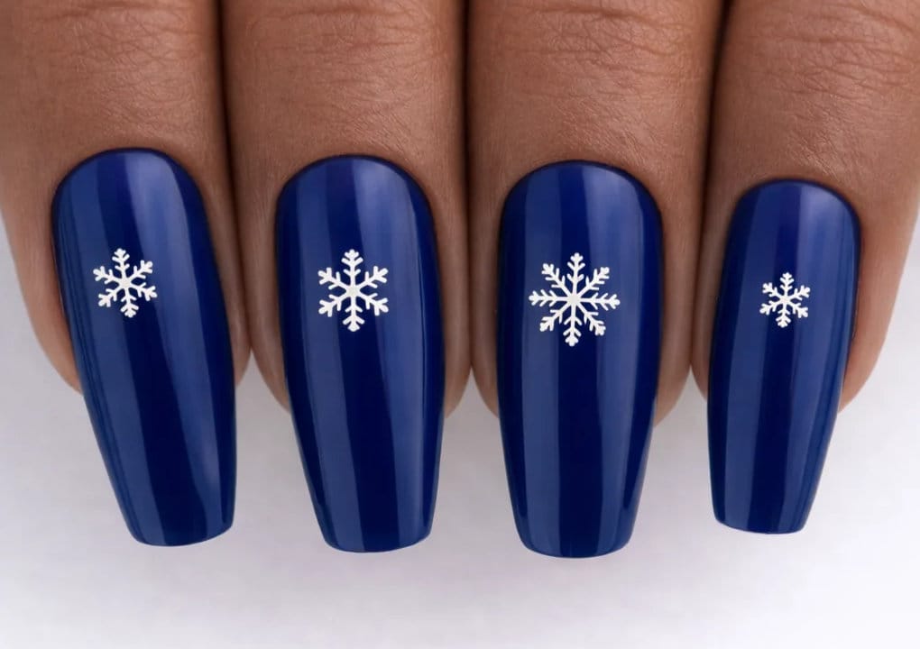 Eine Nahaufnahme von vier dunkelblau lackierten Fingernägeln mit glänzender Oberfläche, die in der Mitte jeweils ein kleines weißes Schneeflockenmuster aufweisen.