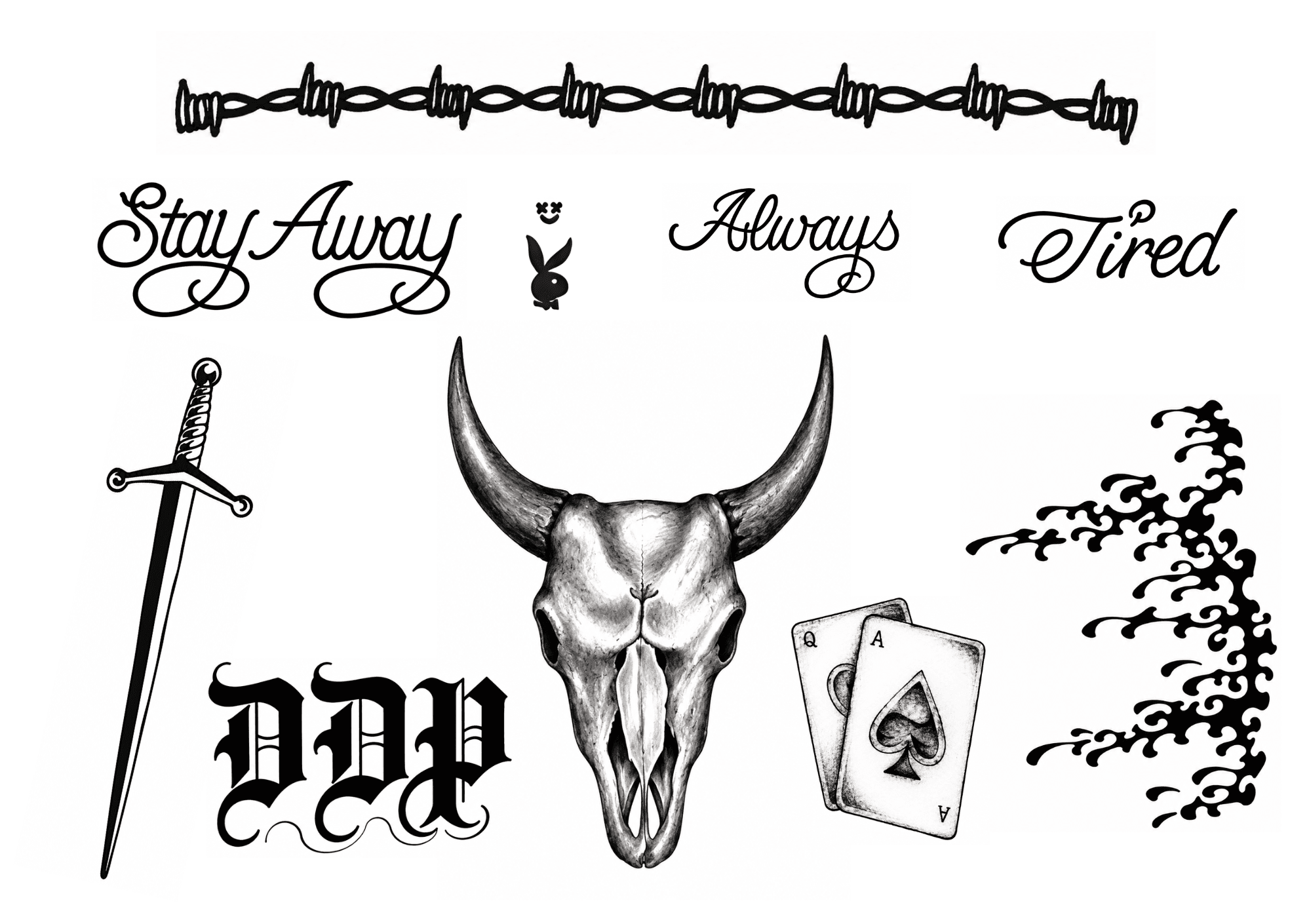 Eine Sammlung schwarzer Tattoo-Motive: Stacheldraht, „Stay Away“, „Always Tired“, ein Schwert, ein Stier-Schädel, „DDP“, ein Playboy-Häschen, ein Paar Asse und ein stilisiertes Flammen- oder Wellenmuster.
