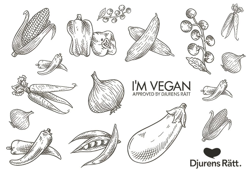 Ilustraciones dibujadas a mano de diversas verduras y frutas, como maíz, pimientos, berenjenas, cebollas, guisantes y tomates. El texto reza "I'M VEGAN APPROVED BY DJURENS RÄTT" con un corazón y el logotipo de Djurrens Rätt.