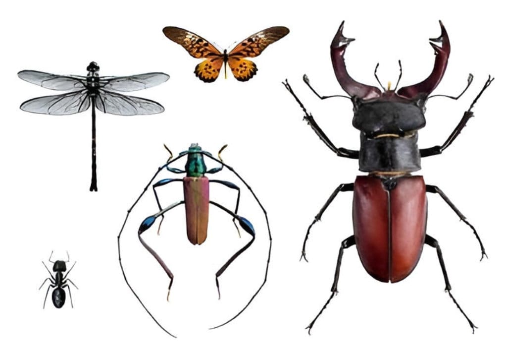 En samling av fem insekter på en vit bakgrund: en trollslända, en fjäril, en stor hjortskalbagge, en långbent insekt och en liten svart myra.