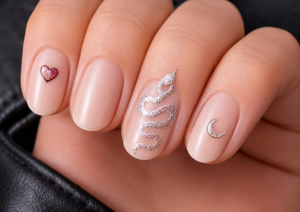 A hand with nude-colored nails features nail art: a small red heart on the pinky, a silver snake on the middle finger, and a silver crescent moon on the ring finger.