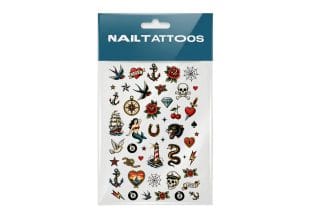 A package labeled Nail Tattoos contains various tattoo-style nail art stickers, including anchors, swallows, skulls, roses, hearts, ships, stars, lightning bolts, and banners with words like LOVE and LUCKY..