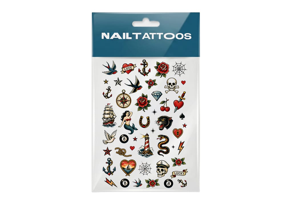 A package labeled Nail Tattoos contains various tattoo-style nail art stickers, including anchors, swallows, skulls, roses, hearts, ships, stars, lightning bolts, and banners with words like LOVE and LUCKY..